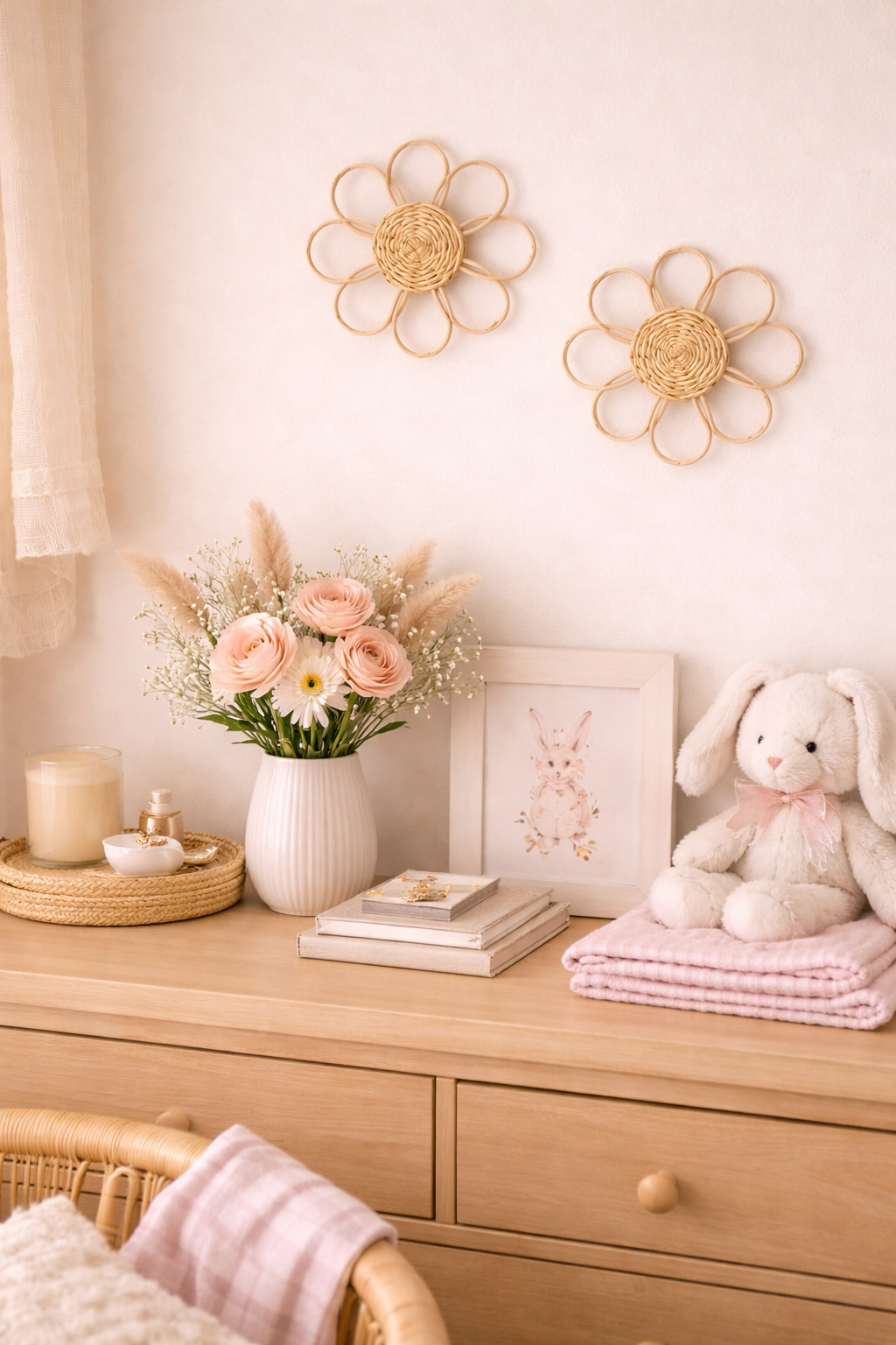 Pair of natural rattan flower wall decorations with looped petals and woven centers