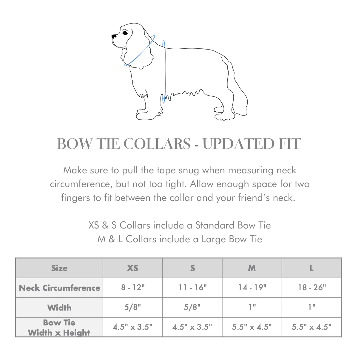 Bow tie collar updated fit size chart with dog outline and measurement table