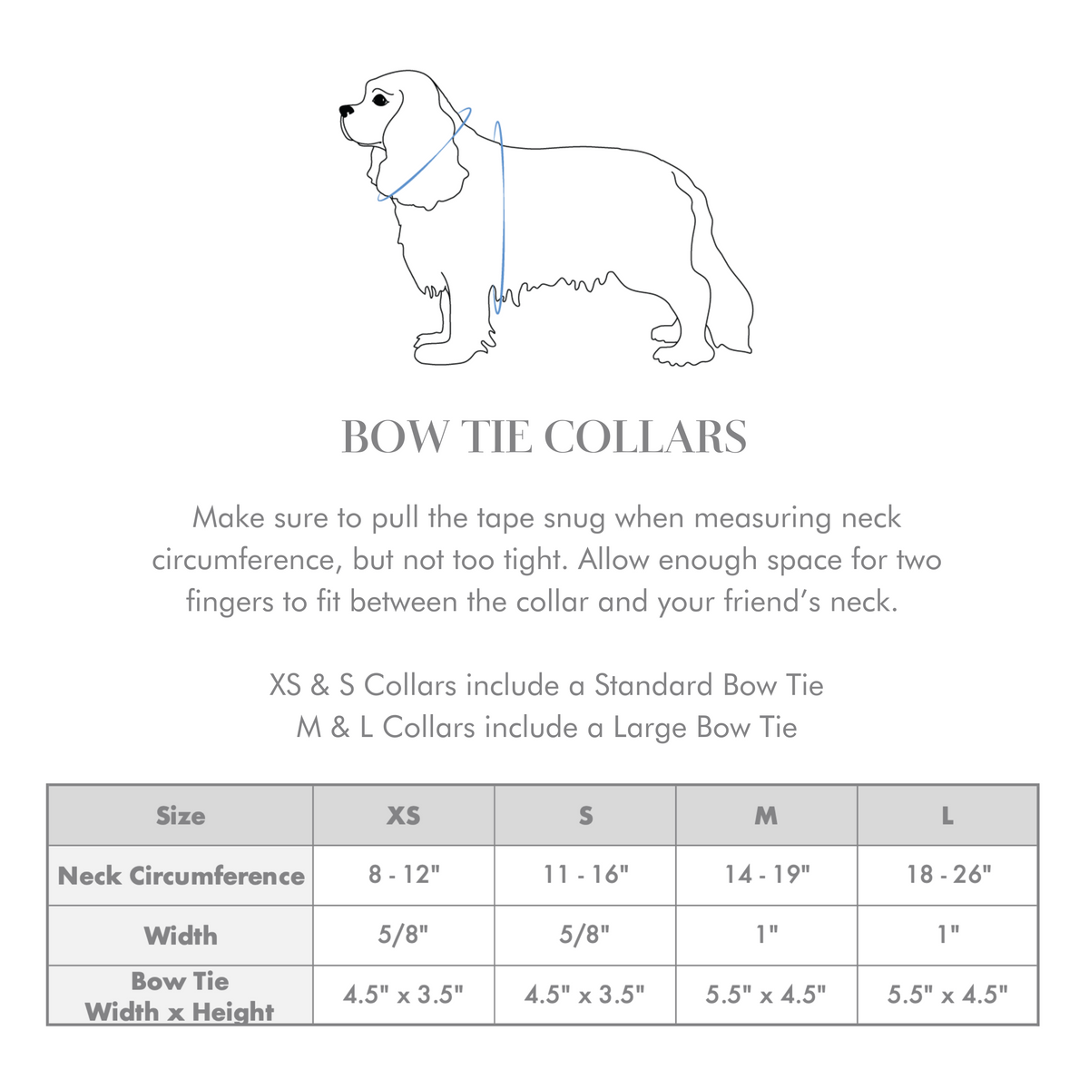 Bow tie collars size chart showing neck measurements and bow dimensions