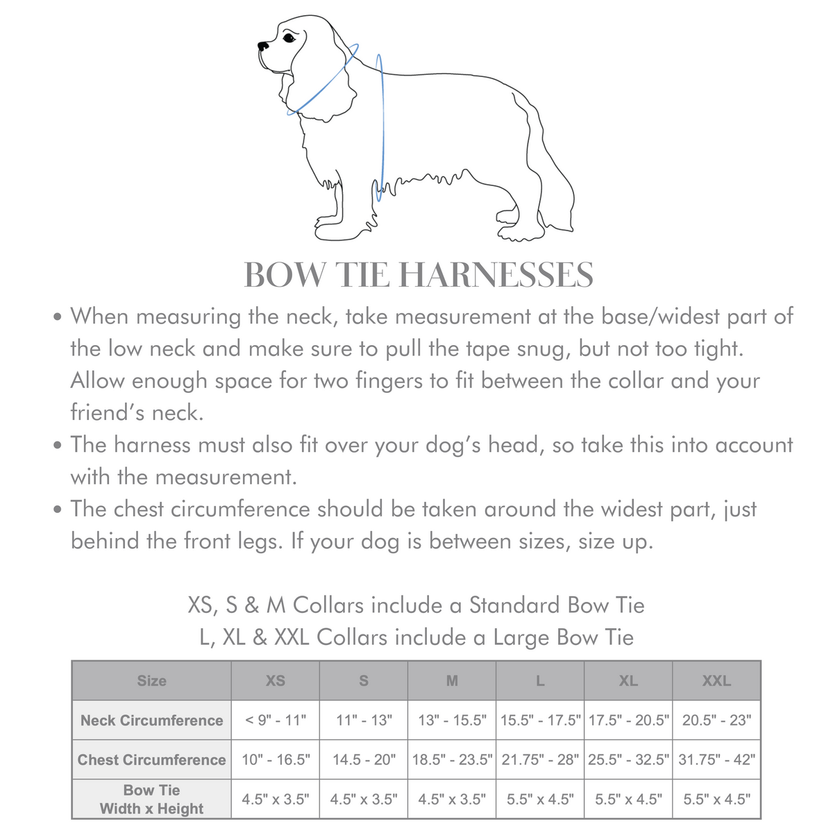 Bow tie dog harness size chart diagram with neck and chest measurements
