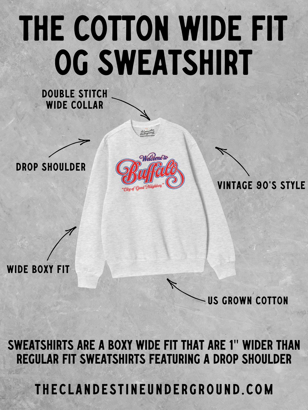 Ash gray boxy cotton sweatshirt with wide collar, drop shoulders, and Buffalo chest graphic.