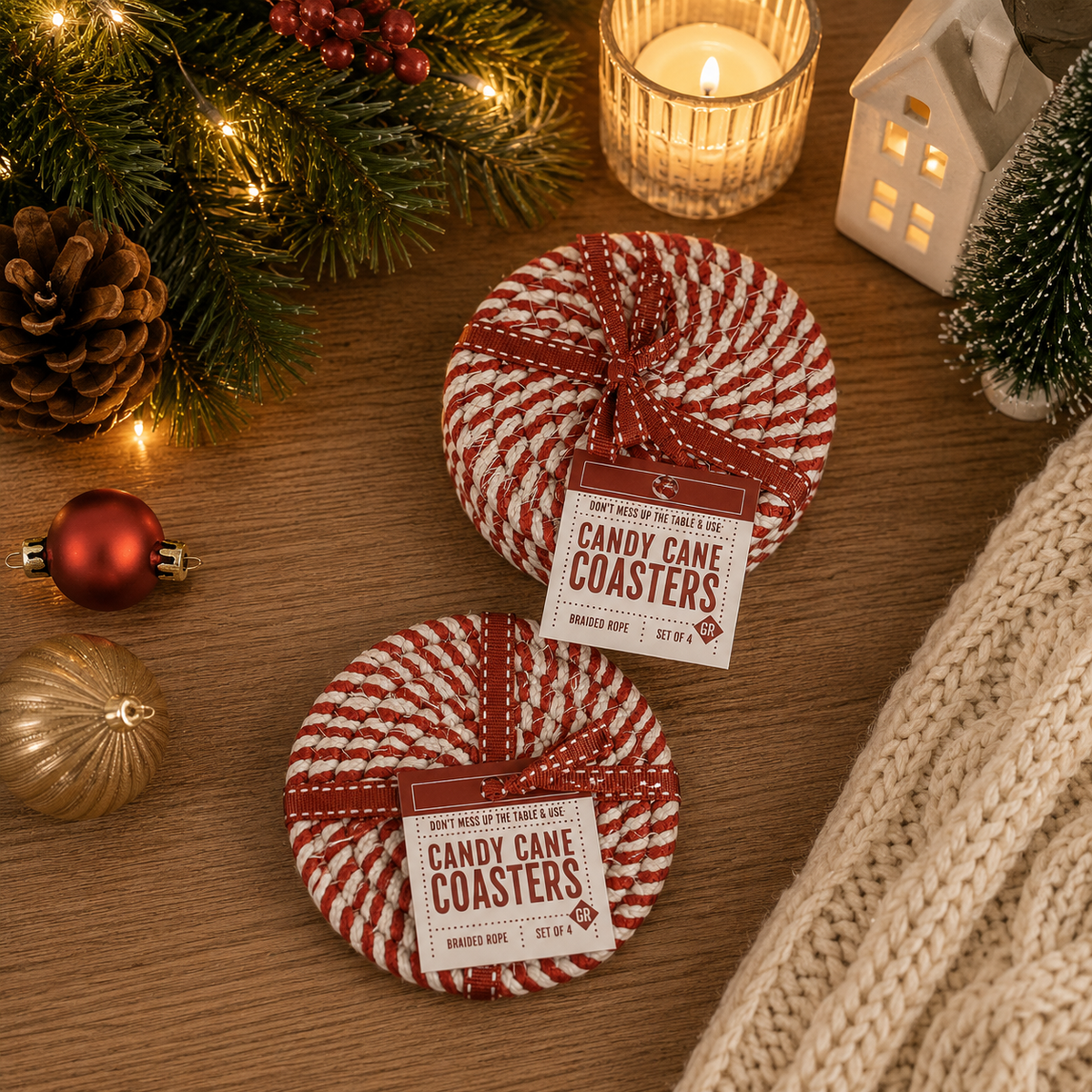 Red striped braided rope coasters with tags, candy cane spiral set on wooden table