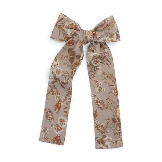 Floral lady hair bow with long tails, light beige and brown pattern