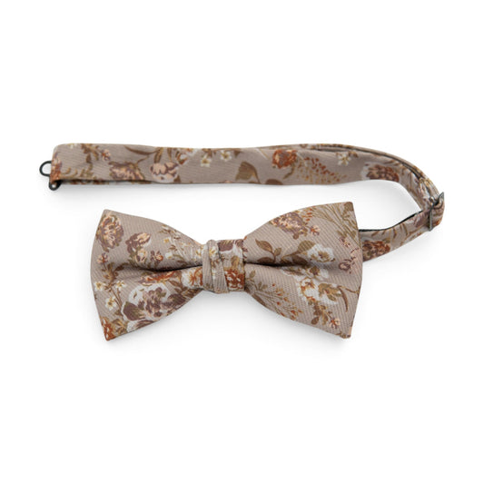Men's pre-tied bow tie with floral print, taupe and brown