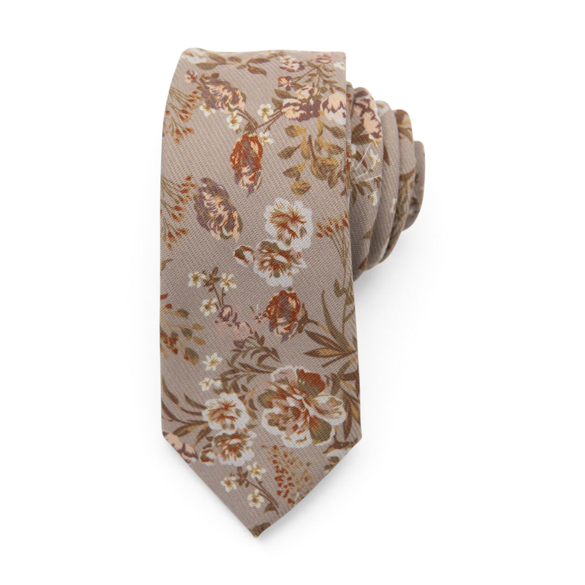 Men's necktie with beige base and rust-orange floral pattern