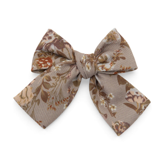 Briar Rose petite hair bow, beige floral fabric with layered bow loops
