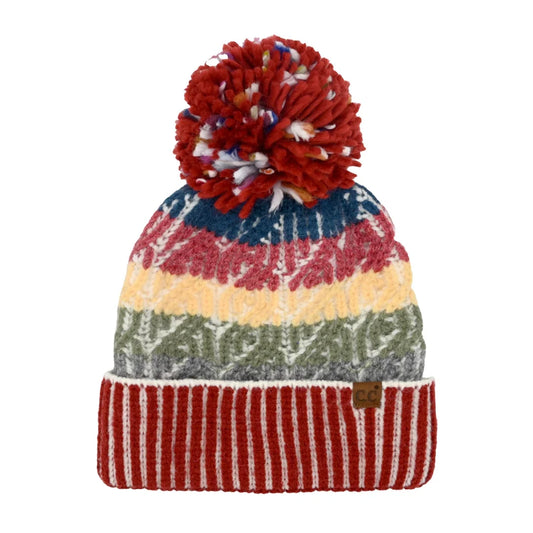 Color block knit beanie with pom-pom, red/blue/yellow/green stripes and C.C patch