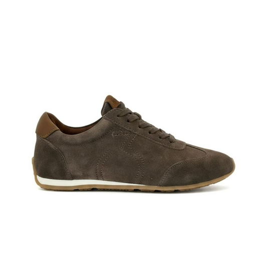 Bristol Chocolate suede sneaker with brown laces, contrast heel panel, and light sole