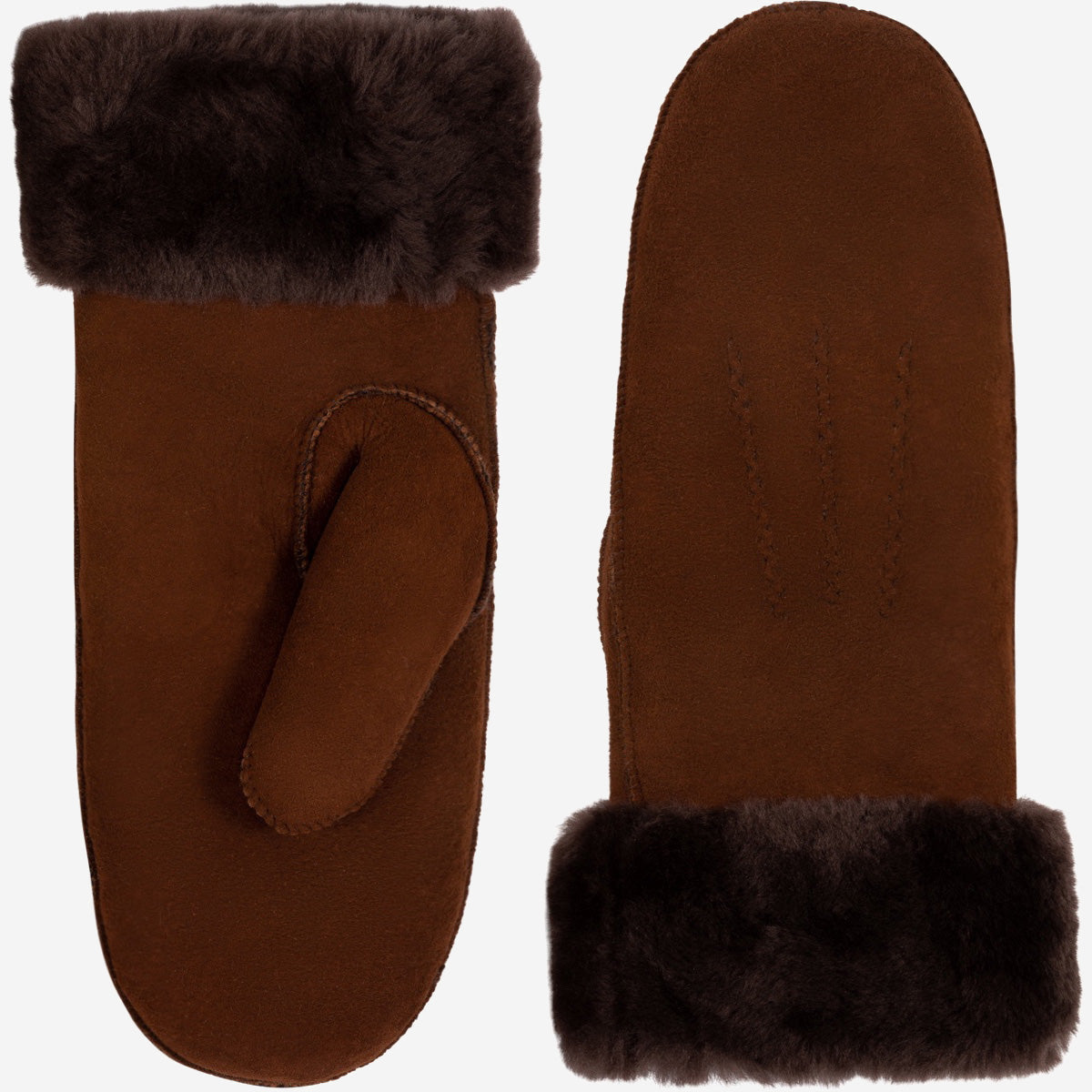 Brown suede mittens with dark sheep fur lining, single mitten view