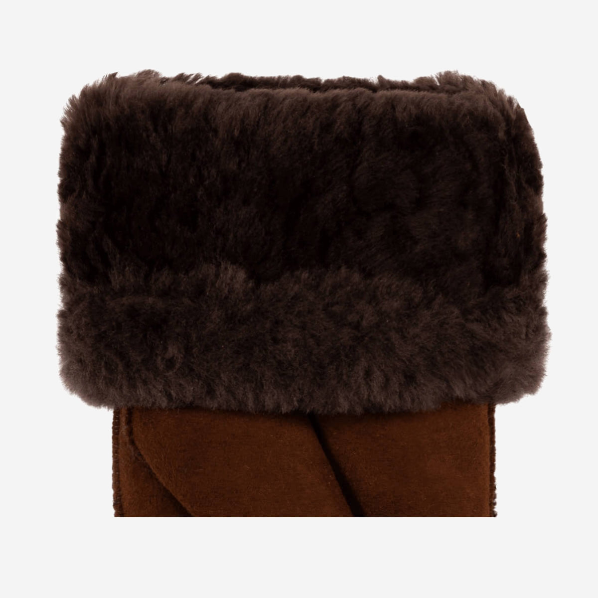 Brown suede mitten with plush dark fur cuff, front close-up