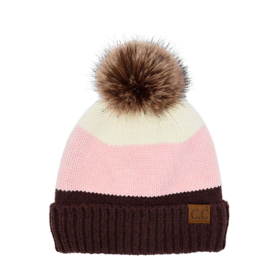 Color block knit beanie with pom, cream and pink stripe, ribbed dark brown cuff