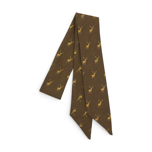 Brown hair sash with repeating deer and antler icons, long ribbon