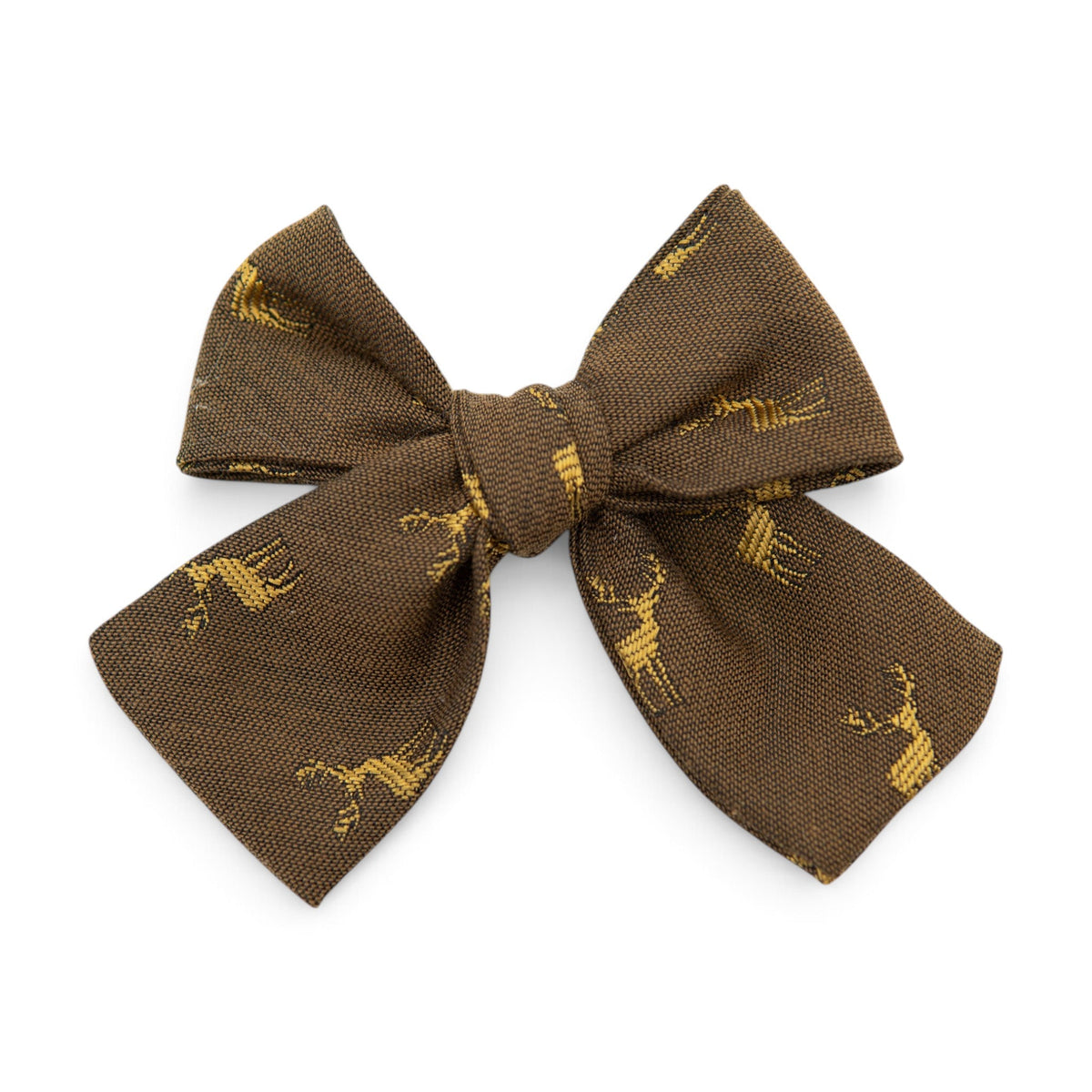 Petite hair bow with dark brown fabric and yellow deer print