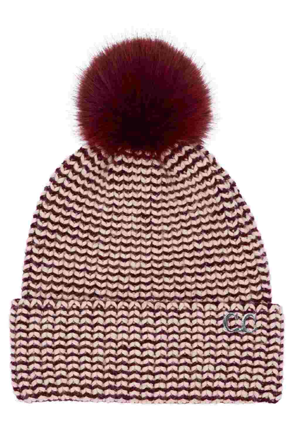 Two-tone burgundy knit beanie with faux fur pom-pom and small C.C logo patch