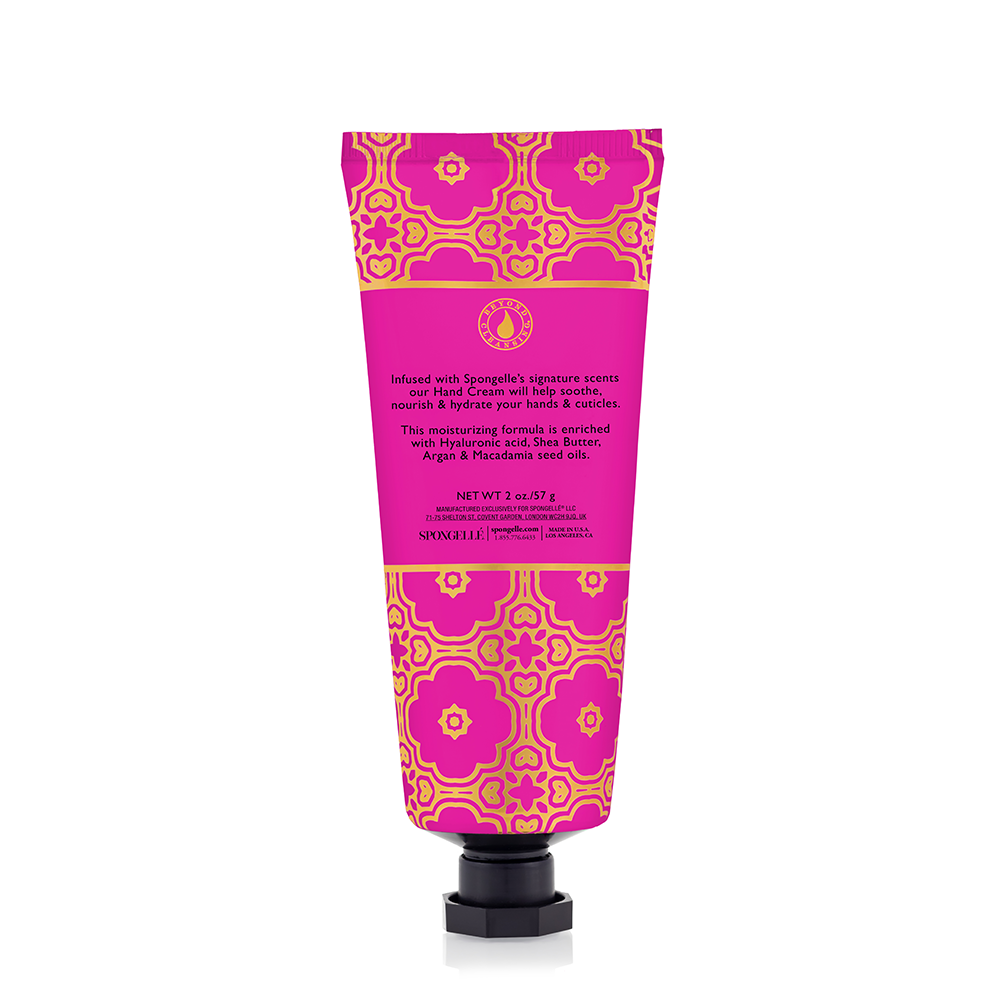 Back of pink SPONGELLE Bulgarian Rose hand cream tube with patterned band