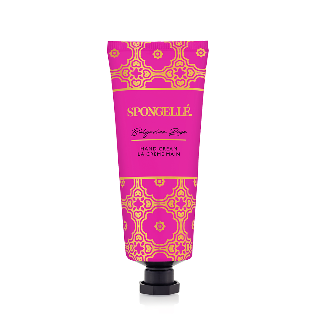 Pink SPONGELLE Bulgarian Rose hand cream tube with patterned design