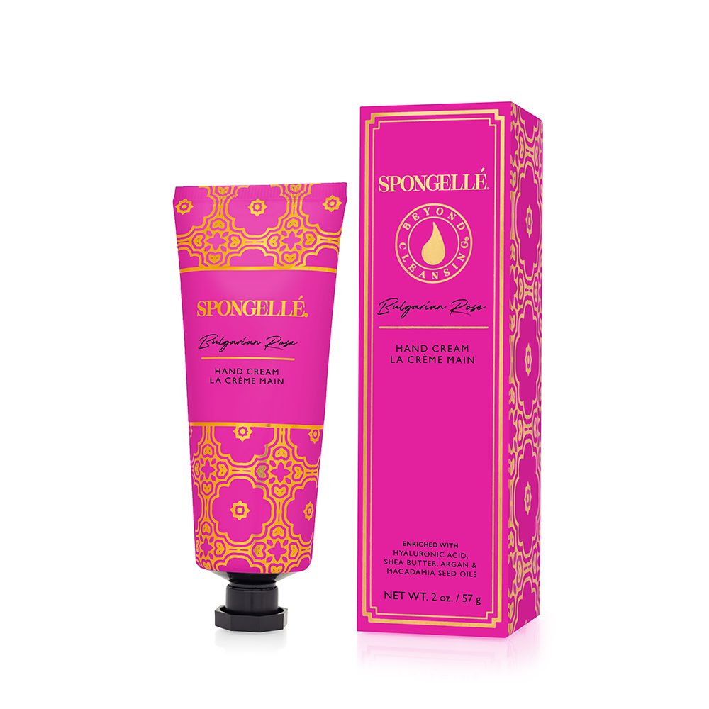 Pink hand cream tube and rectangular box with SPONGELLE label, Bulgarian Rose