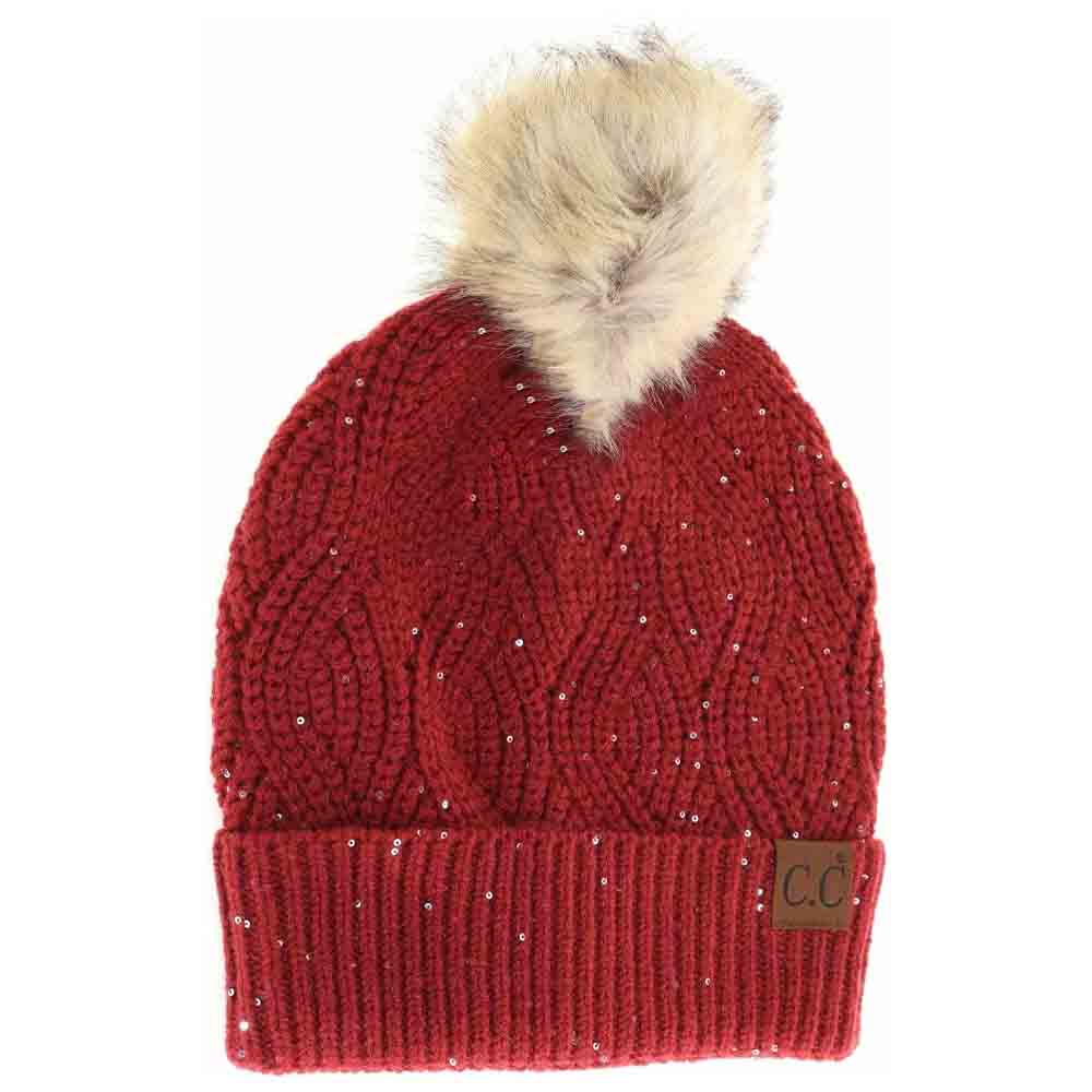 Sequin brioche cable knit beanie, deep red with faux fur pom and ribbed cuff patch CC