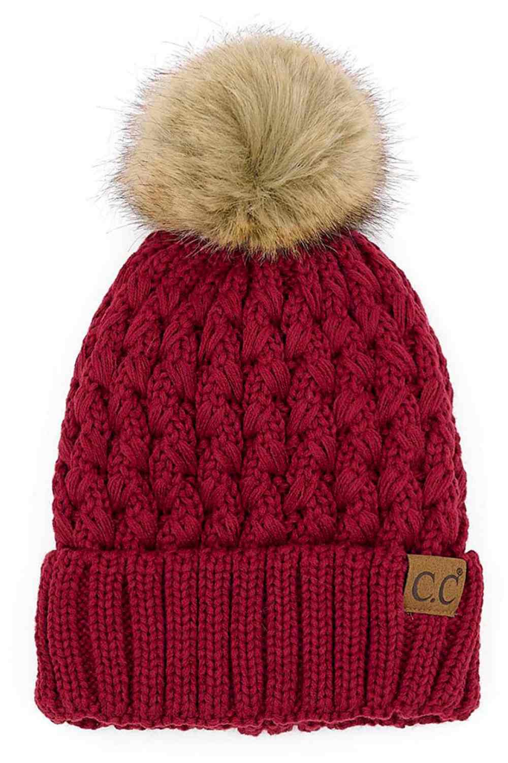 Knit beanie with pom-pom, burgundy cable knit, ribbed cuff and C.C. label patch