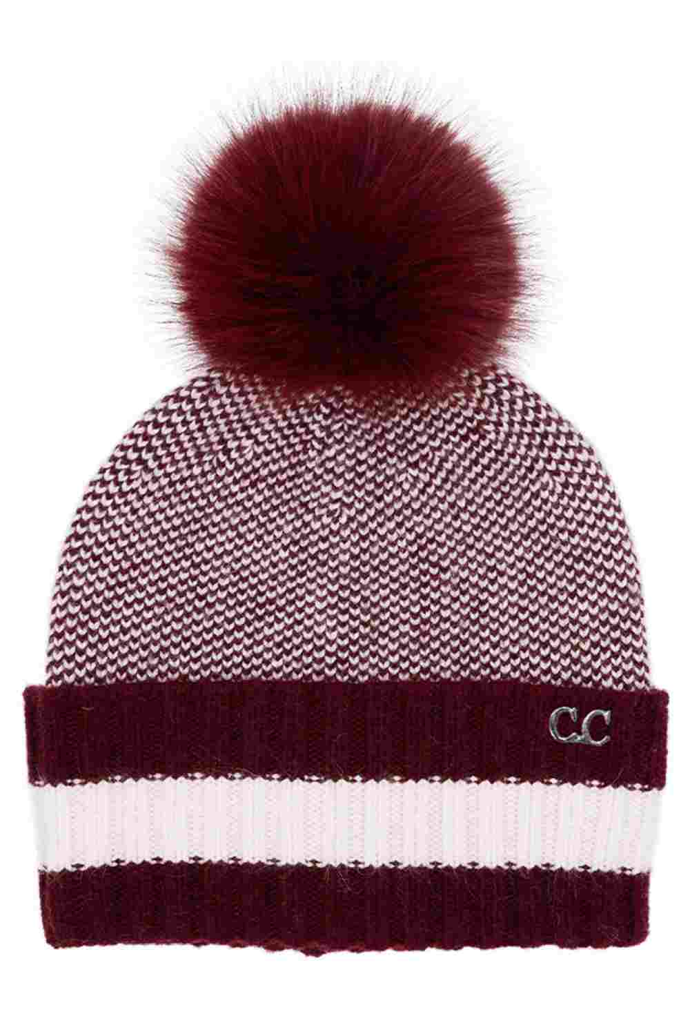 Two-tone knit beanie with pom-pom, burgundy and white stripe cuff