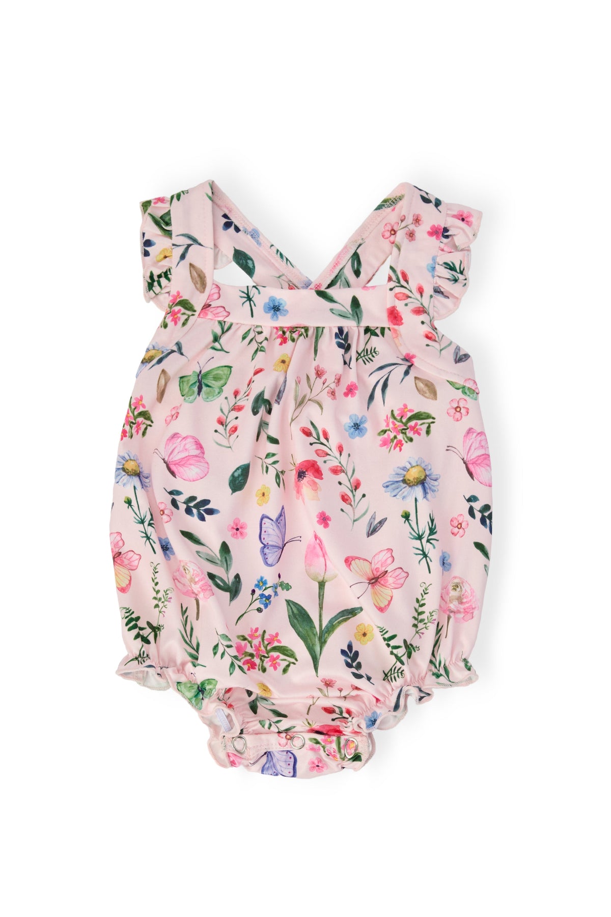Floral ruffle cross-back romper with bow straps and built-in diaper cover