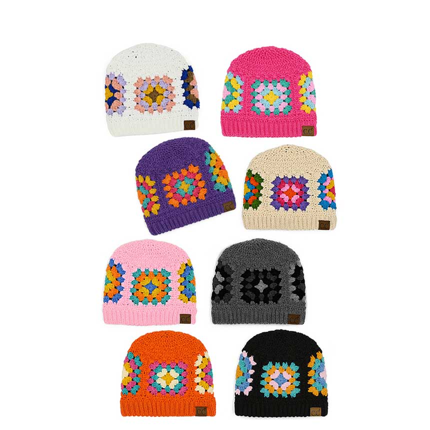 C.C crochet beanies in multiple colors, shown in a product lineup