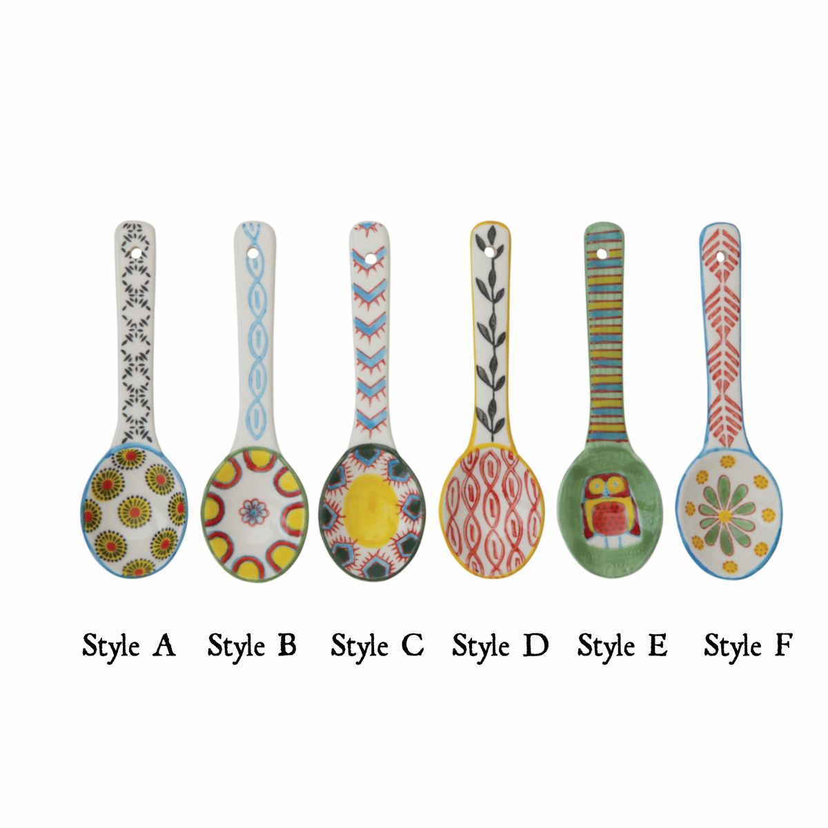 Hand-painted stoneware spoons with colorful designs, set of 6