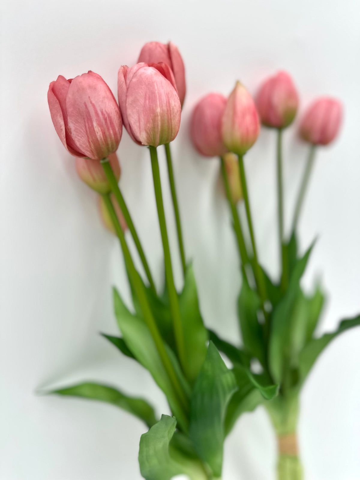 Artificial tulip stems bundle close-up with light pink blossoms and green leaves, 10-pack