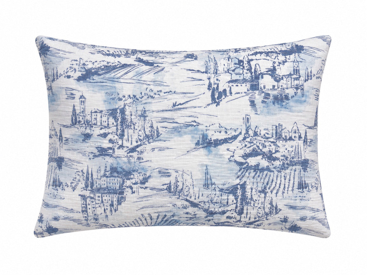 Pillowcase with a blue scenic toile print on white