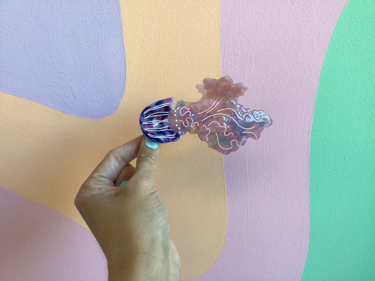 Purple and blue jellyfish hair claw with curved tentacle ridges
