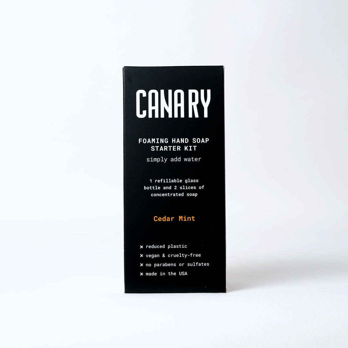 Canary foaming hand soap starter kit box, labeled Cedar Mint, with bottle and two soap slices.