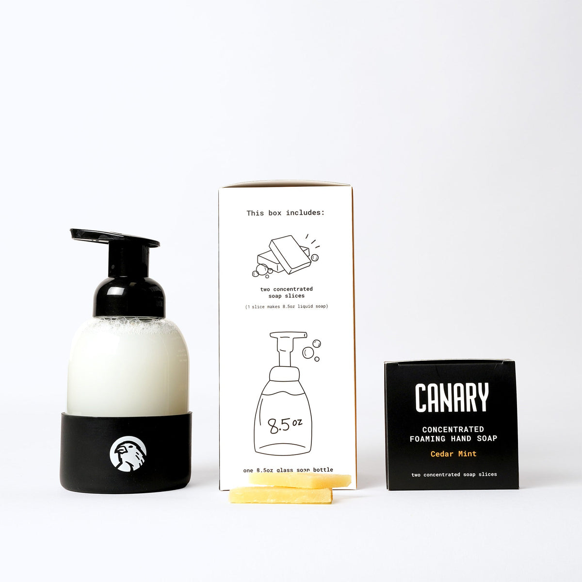Canary Cedar Mint soap kit with filled pump bottle, two soap slices and refill box