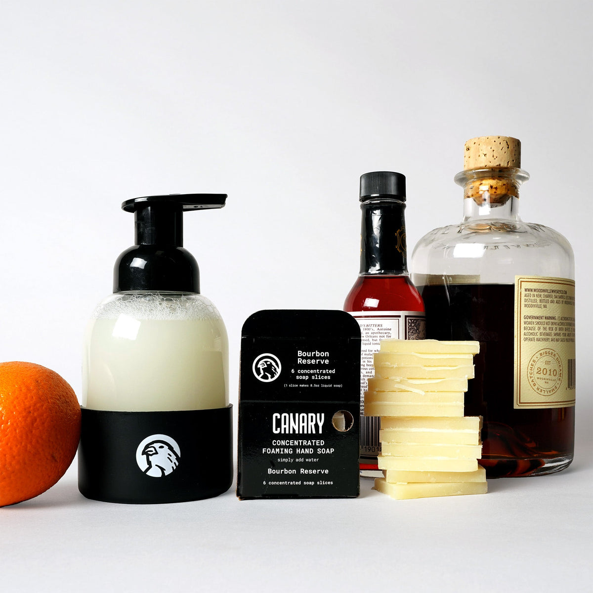 Bourbon Reserve hand soap refill bars in a black box beside soap slices