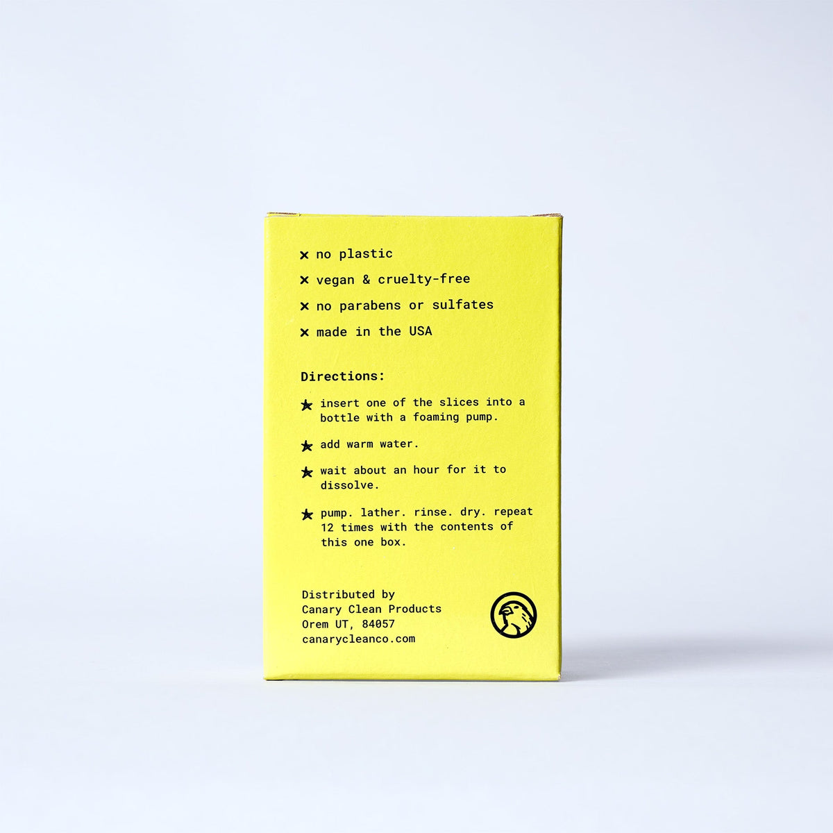 Back of Canary concentrated hand soap refill carton with directions and product details
