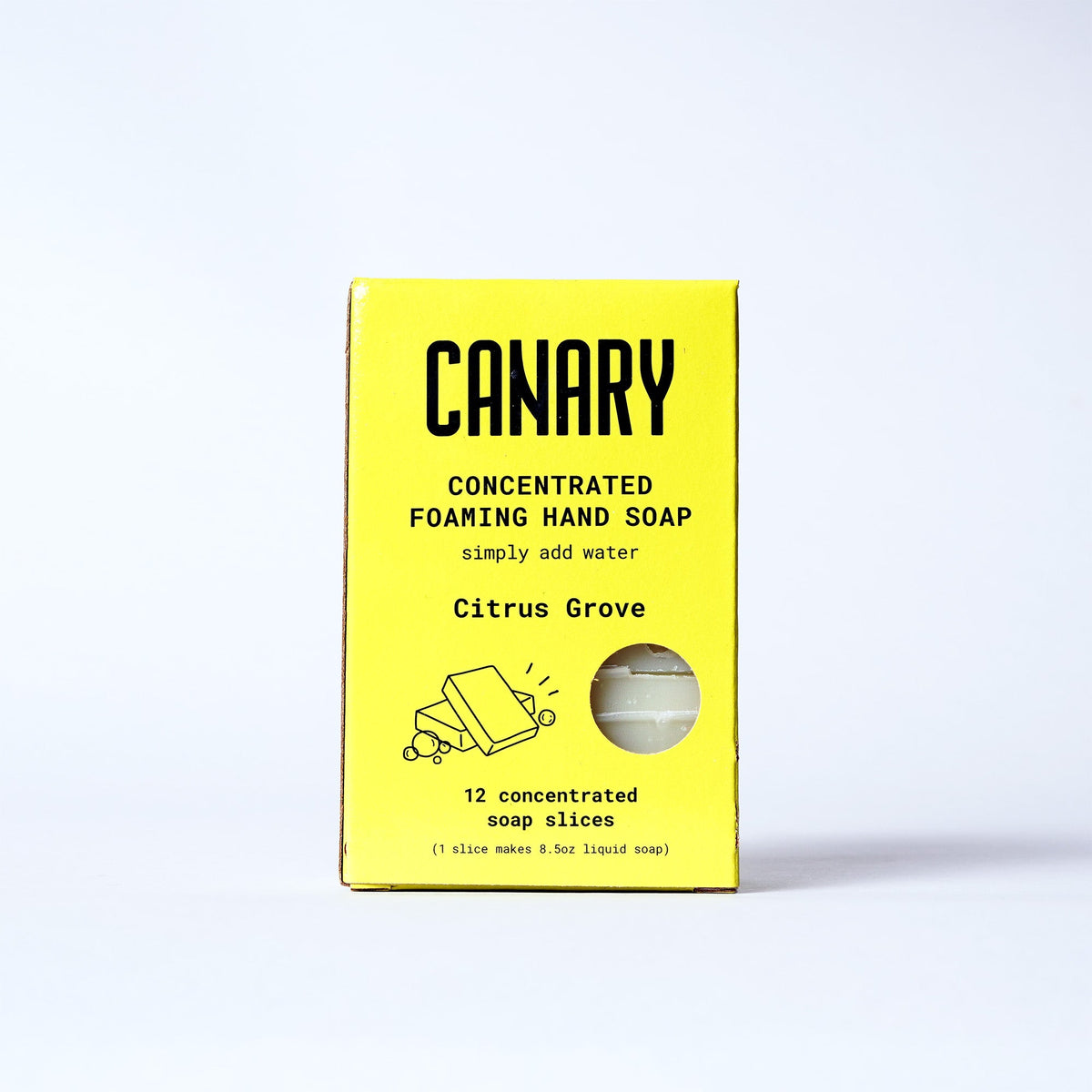 Canary Citrus Grove concentrated foaming hand soap refill carton with a window showing soap slices