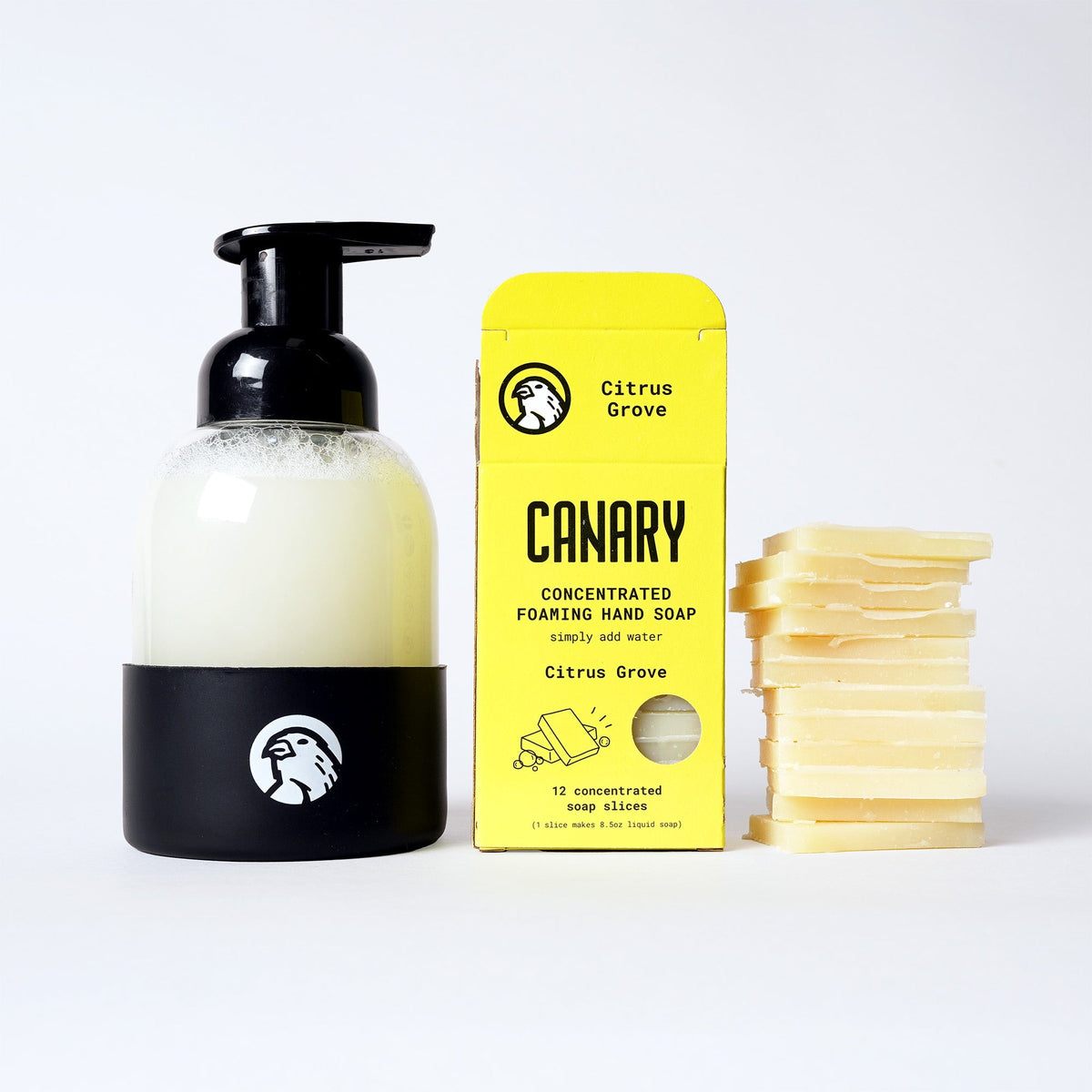 Canary Citrus Grove soap refill carton, stacked soap slices, and foaming hand soap dispenser