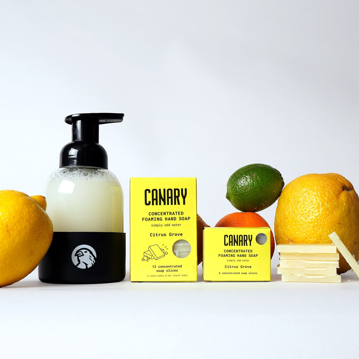 Citrus Grove hand soap refill bars with yellow boxes, soap slices, and a pump bottle