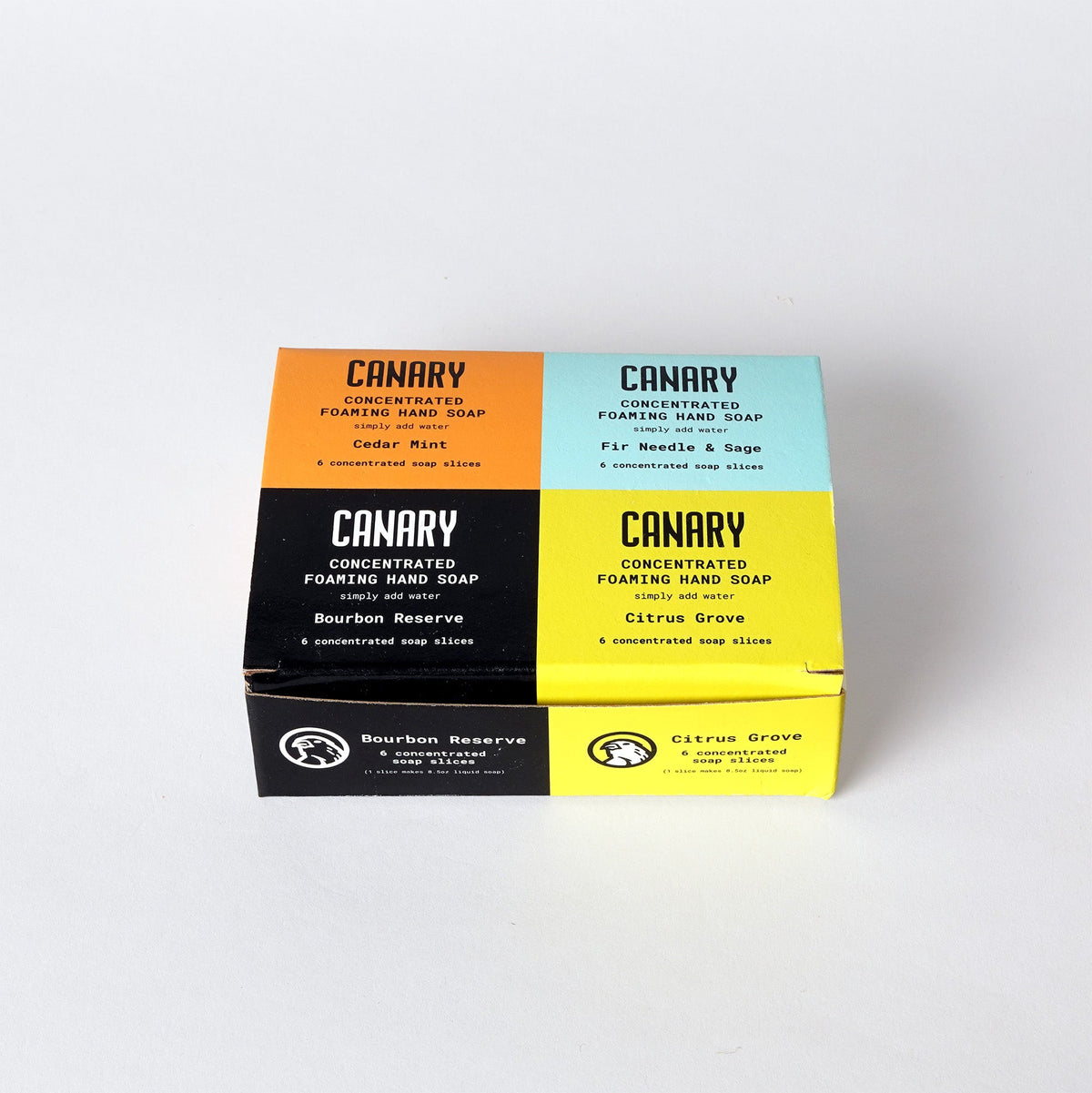Four-scent hand soap refill pack shown in a two-by-two box arrangement