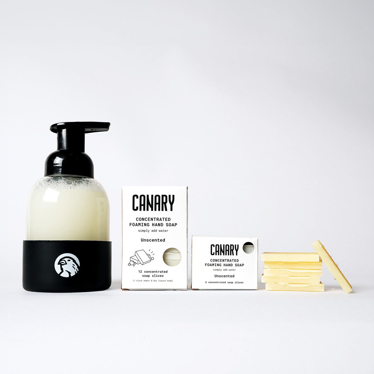 Unscented foaming hand soap refill kit with pump bottle, cartons, and soap slices