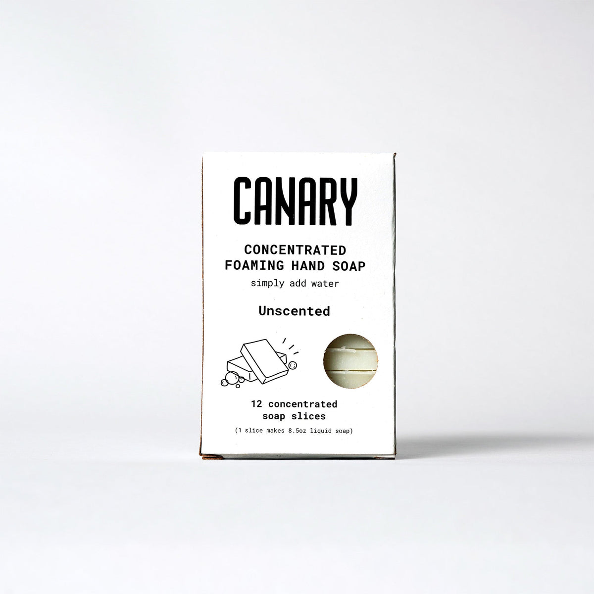 Canary unscented foaming hand soap refill carton, labeled for 12 concentrated soap slices