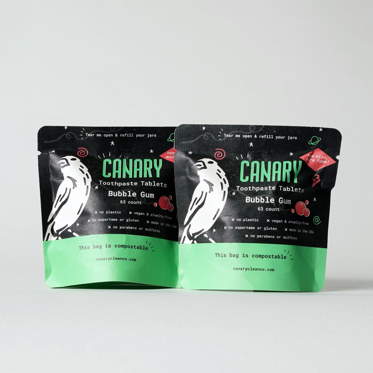 Two CANARY bubble gum toothpaste tablet pouches, front labels visible