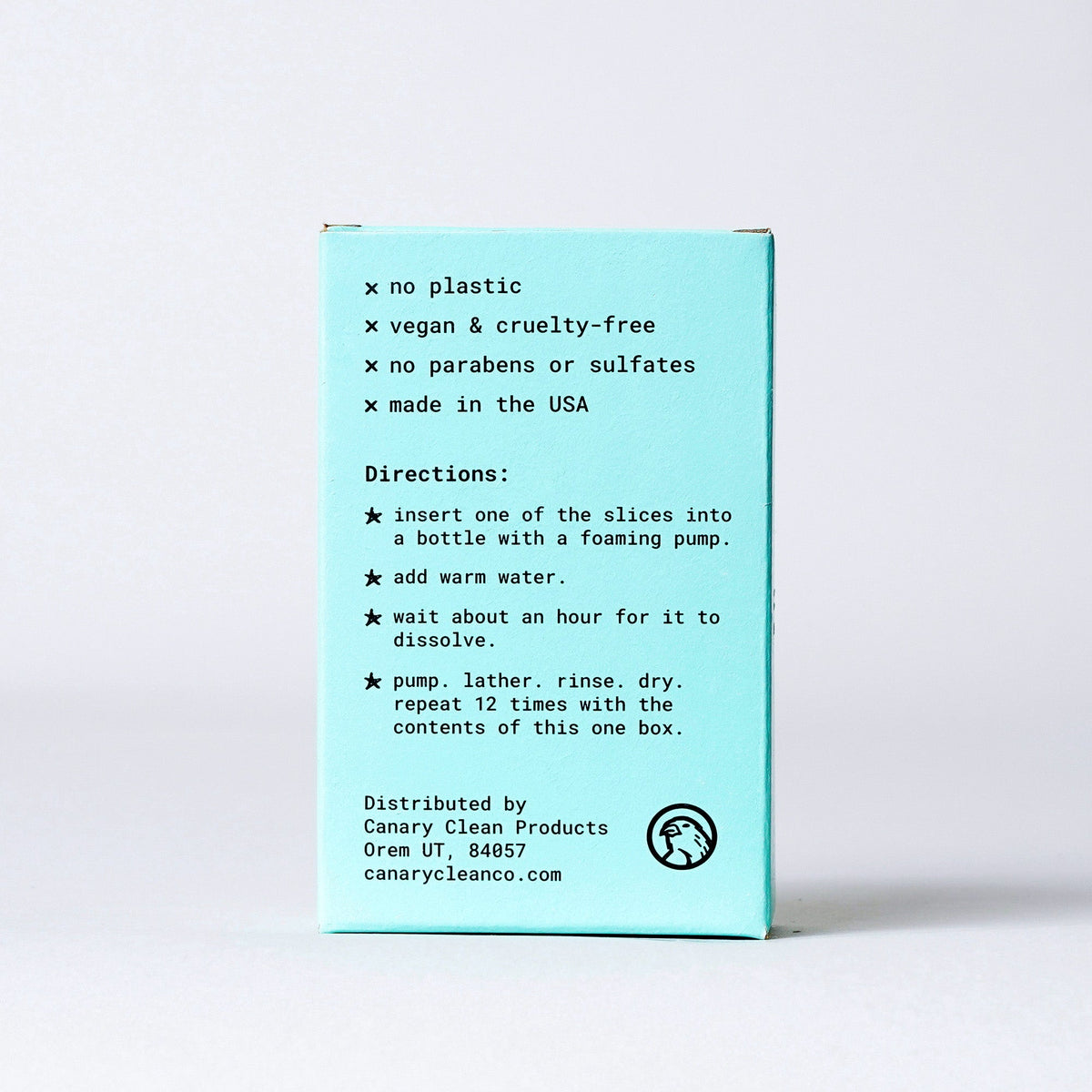 Back of turquoise hand soap refill box with directions and product details