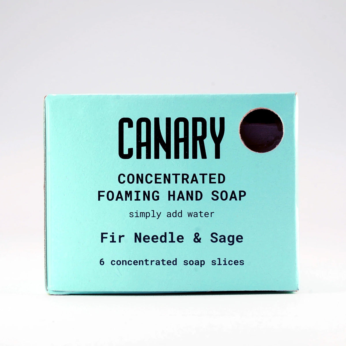 Front of turquoise Canary Fir Needle and Sage concentrated foaming hand soap refill box