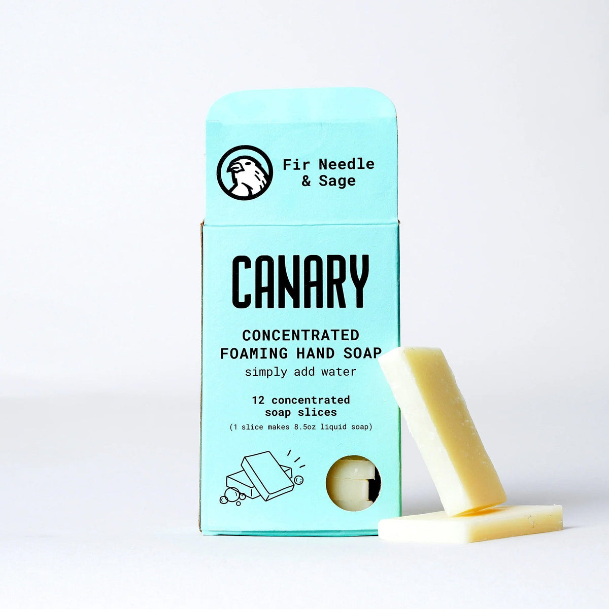 Fir Needle and Sage hand soap refill box with two pale concentrated soap slices