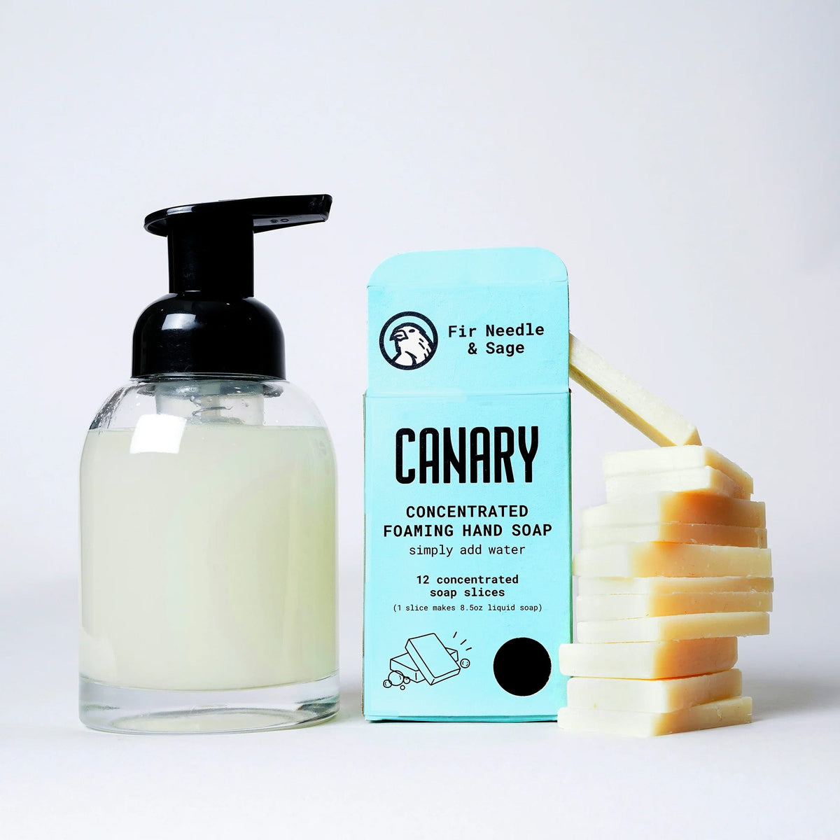 Fir Needle and Sage hand soap refill bars with turquoise box, soap slices and foaming pump bottle