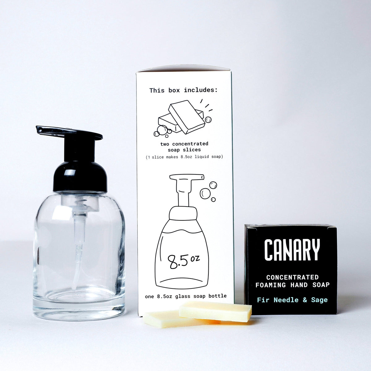 CANARY soap kit with glass bottle, two concentrated soap slices and starter box