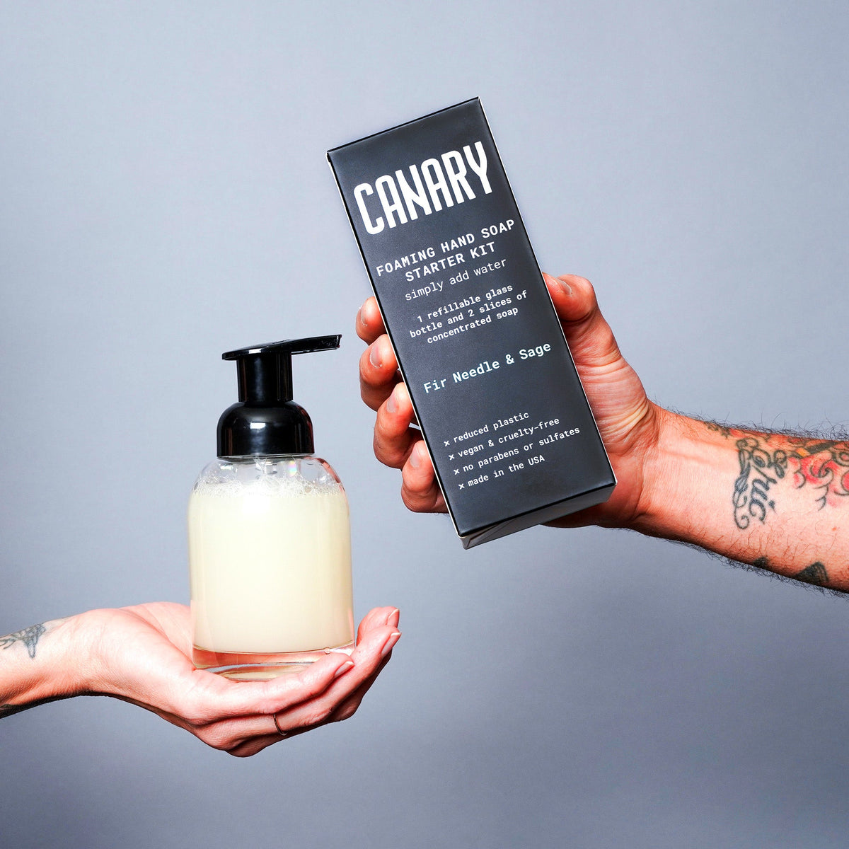 Canary soap starter kit box beside a filled glass pump bottle