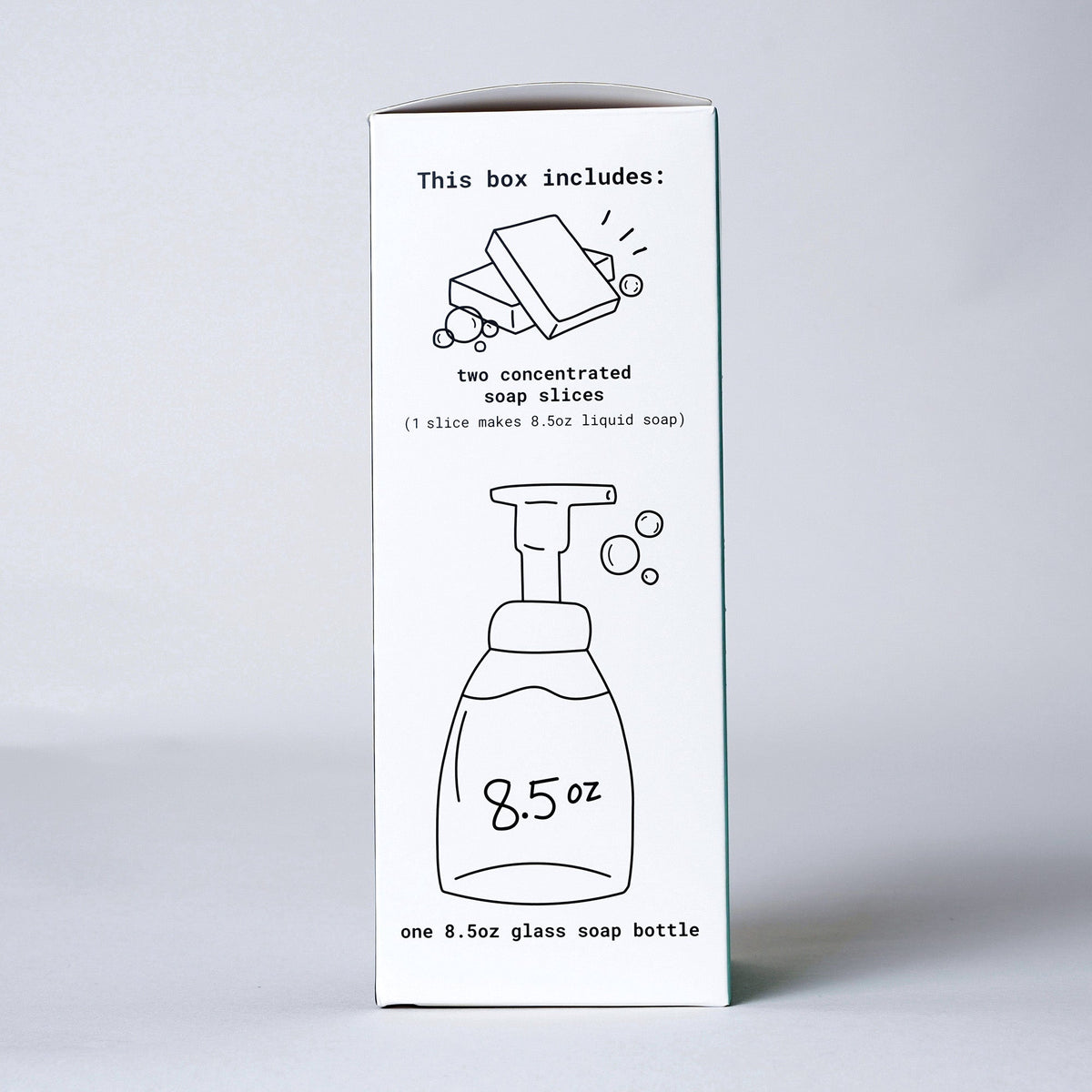 Canary starter kit box panel showing two soap slices and an 8.5-ounce glass bottle