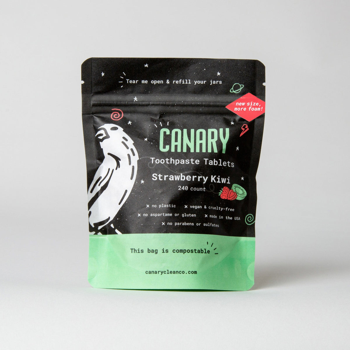 Canary Strawberry Kiwi toothpaste tablet pouch with a black and green design, 240 count