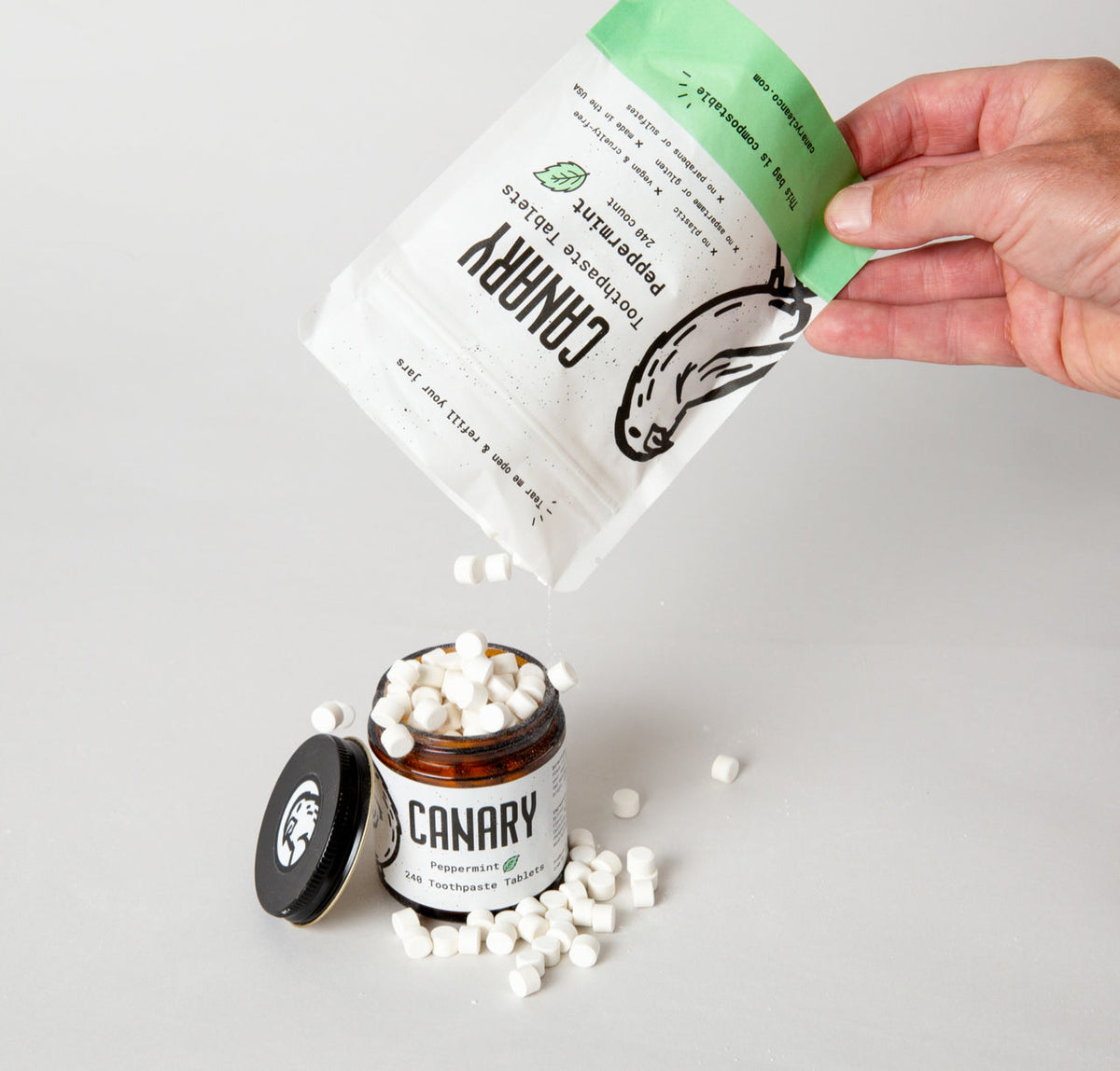 Canary peppermint toothpaste tablet pouch pouring tablets into an open jar